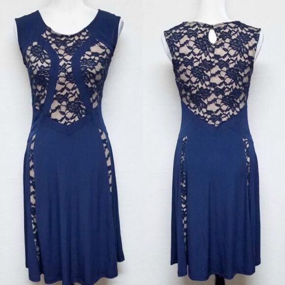 VINTAGE Candalate Navy Blue Lace Contrast Nude Sleeveless Fit & Flare Dress S - Picture 1 of 9